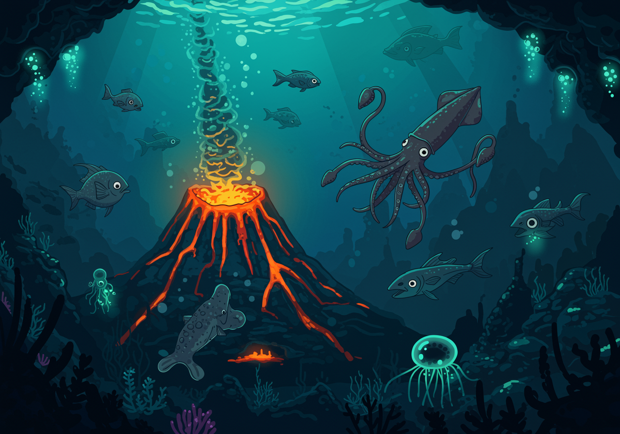 Colorful deep-sea creatures swimming near an underwater volcanic vent with bioluminescent organisms glowing in the dark water