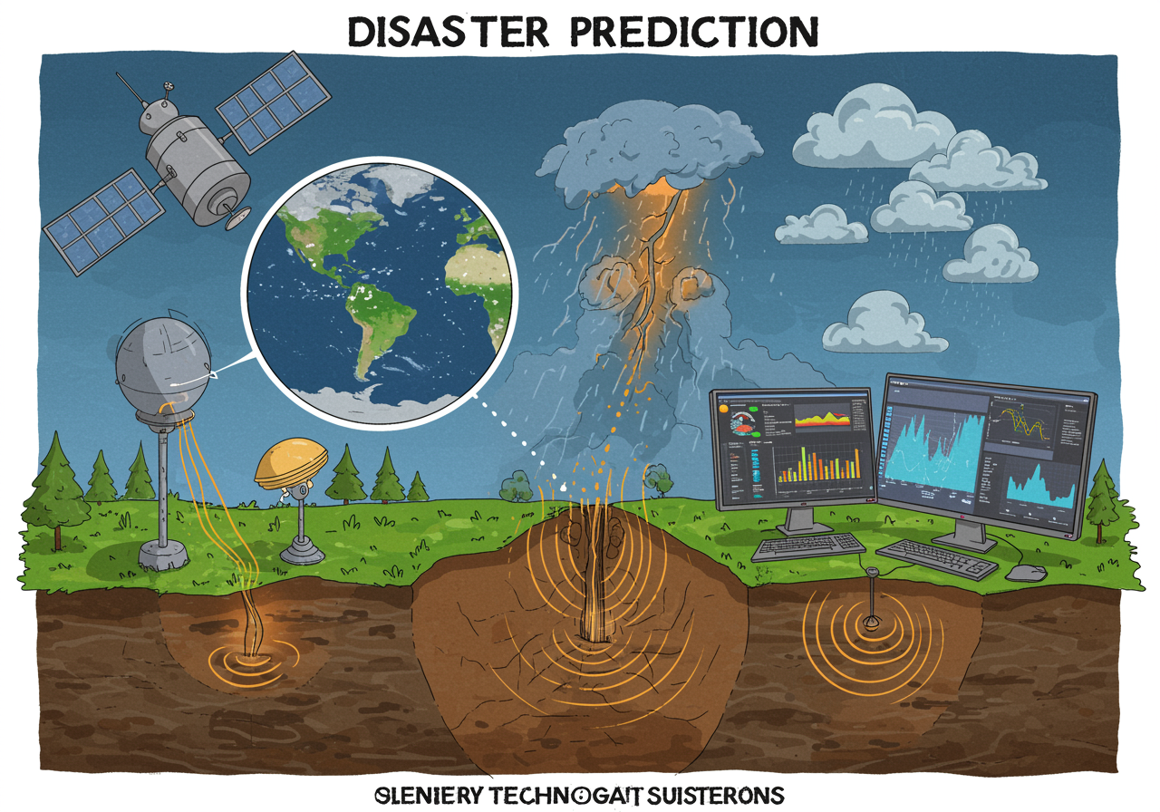 A colorful illustration showing satellites orbiting Earth, underground sensors, and computer screens displaying weather patterns and early warning systems