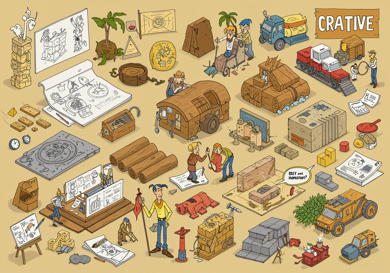 A colorful illustration showing various creative problem-solving tools like sketches, natural objects, building materials, and people collaborating