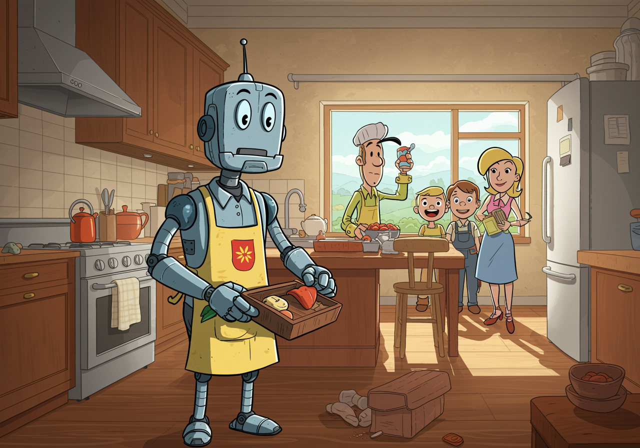 A friendly cartoon robot wearing an apron while organizing a kitchen, with a family watching happily in the background