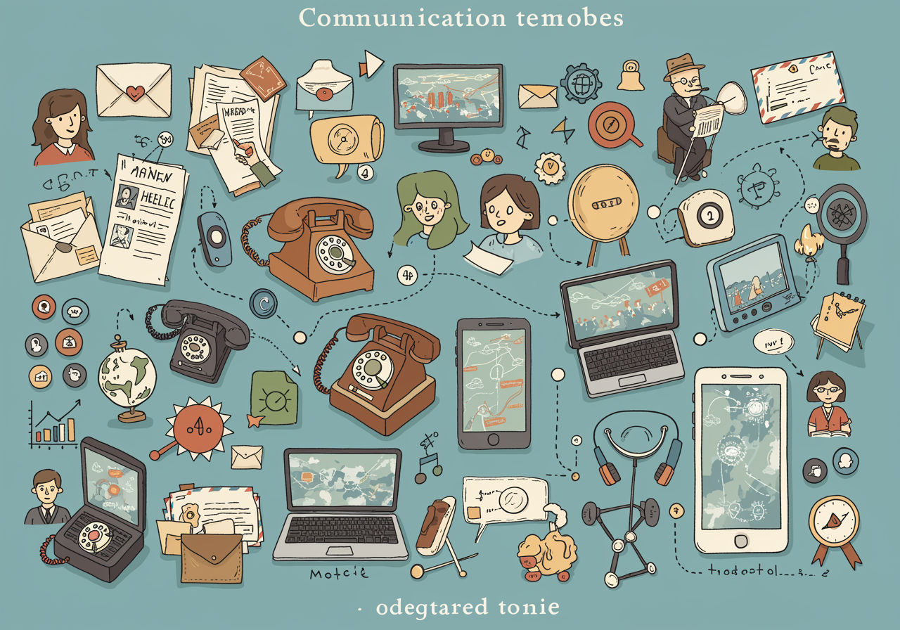 A diverse group of teenagers using various devices to communicate, showing the evolution from letters to smartphones