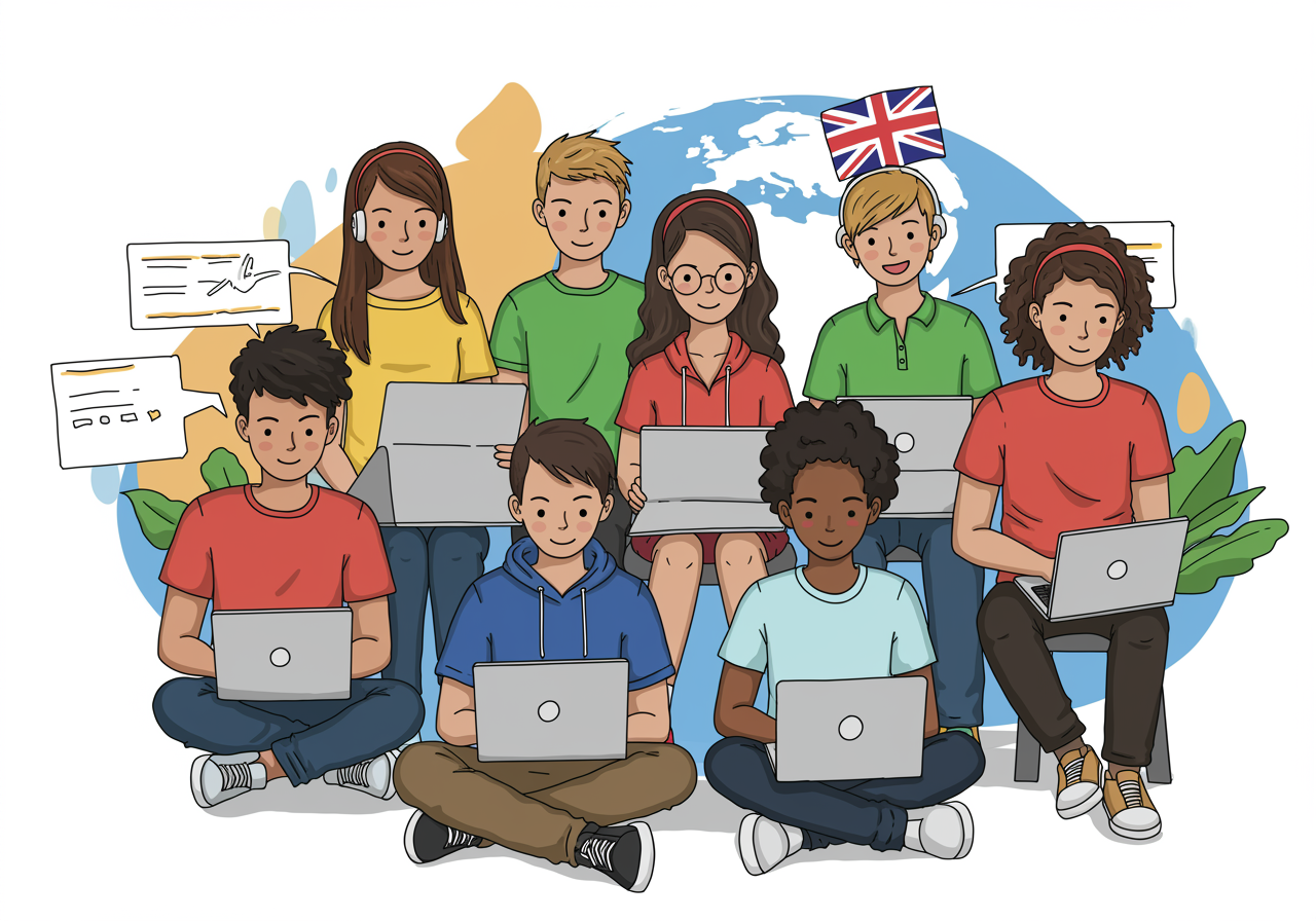 Diverse group of young people from different countries collaborating on laptops and devices, representing global technological connection