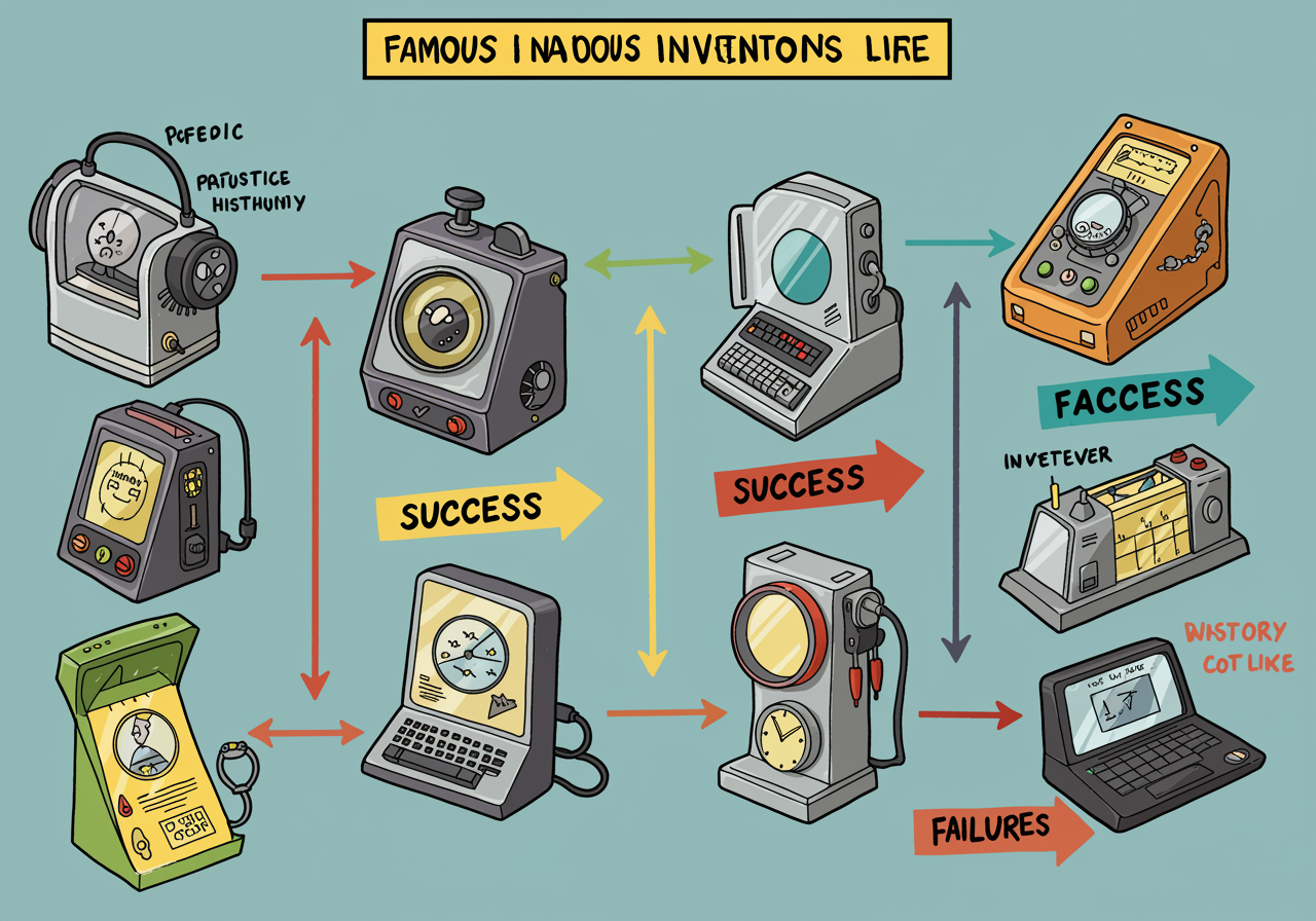 Colorful illustration showing various inventions from throughout history, some with upward arrows showing success and others fading away