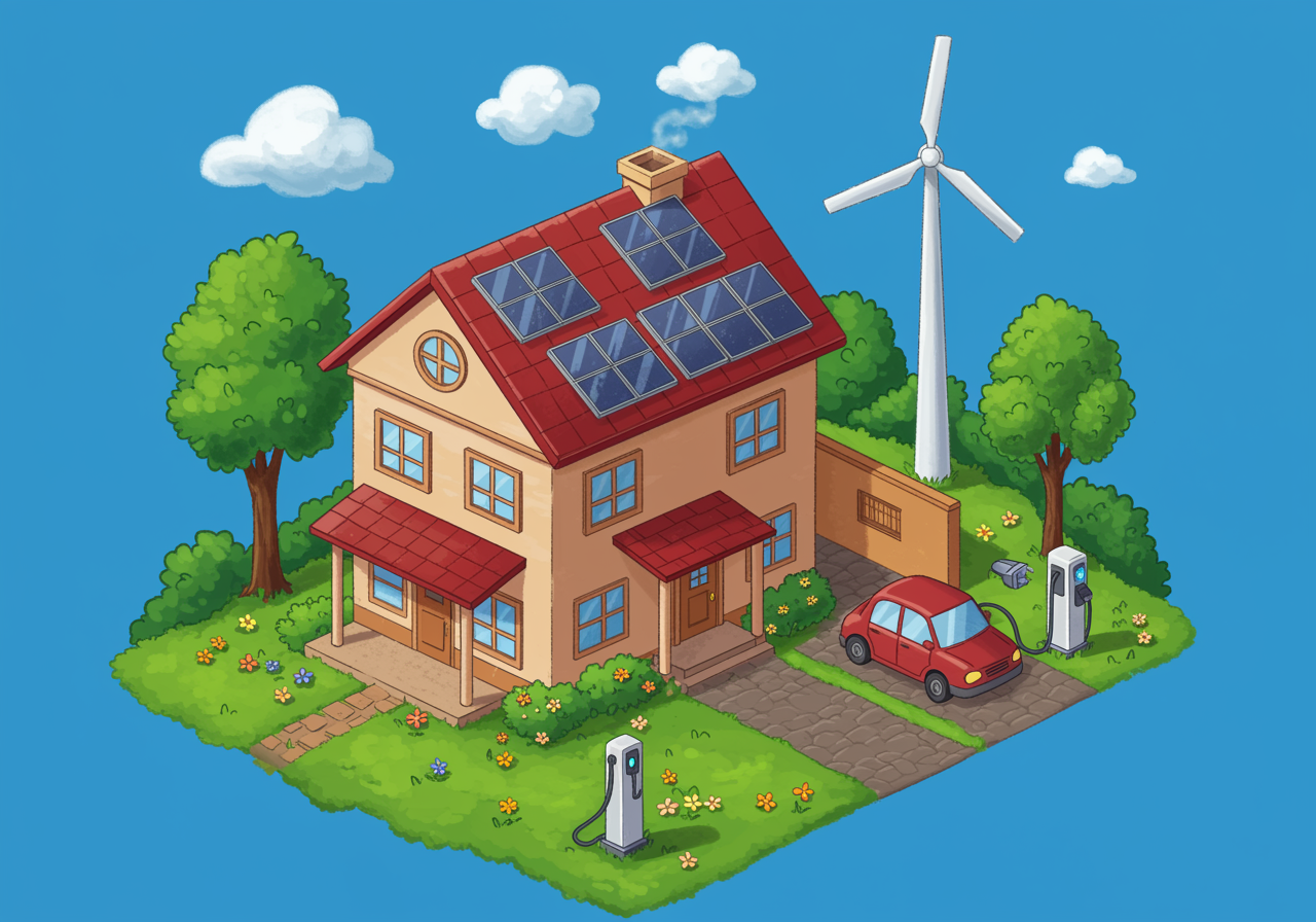 Colorful illustration of a house with solar panels, a small wind turbine, and an electric car, surrounded by green trees under a bright sun