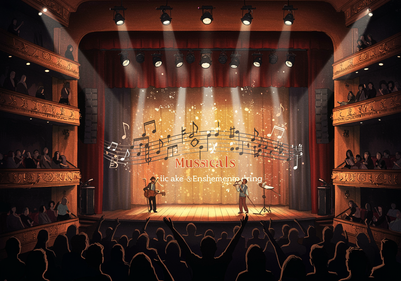 Colorful illustration of a theater stage with spotlights, musical notes floating in the air, and silhouettes of an excited audience