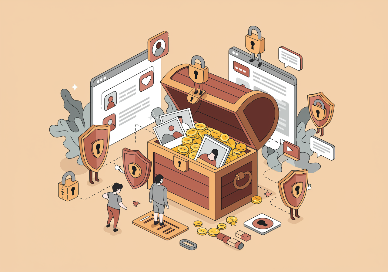 Colorful illustration of a digital treasure chest surrounded by privacy shields and safety locks, representing personal information protection online