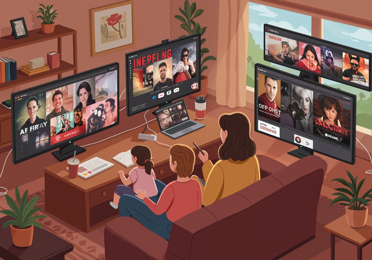 Family watching different screens showing various streaming platforms and content types