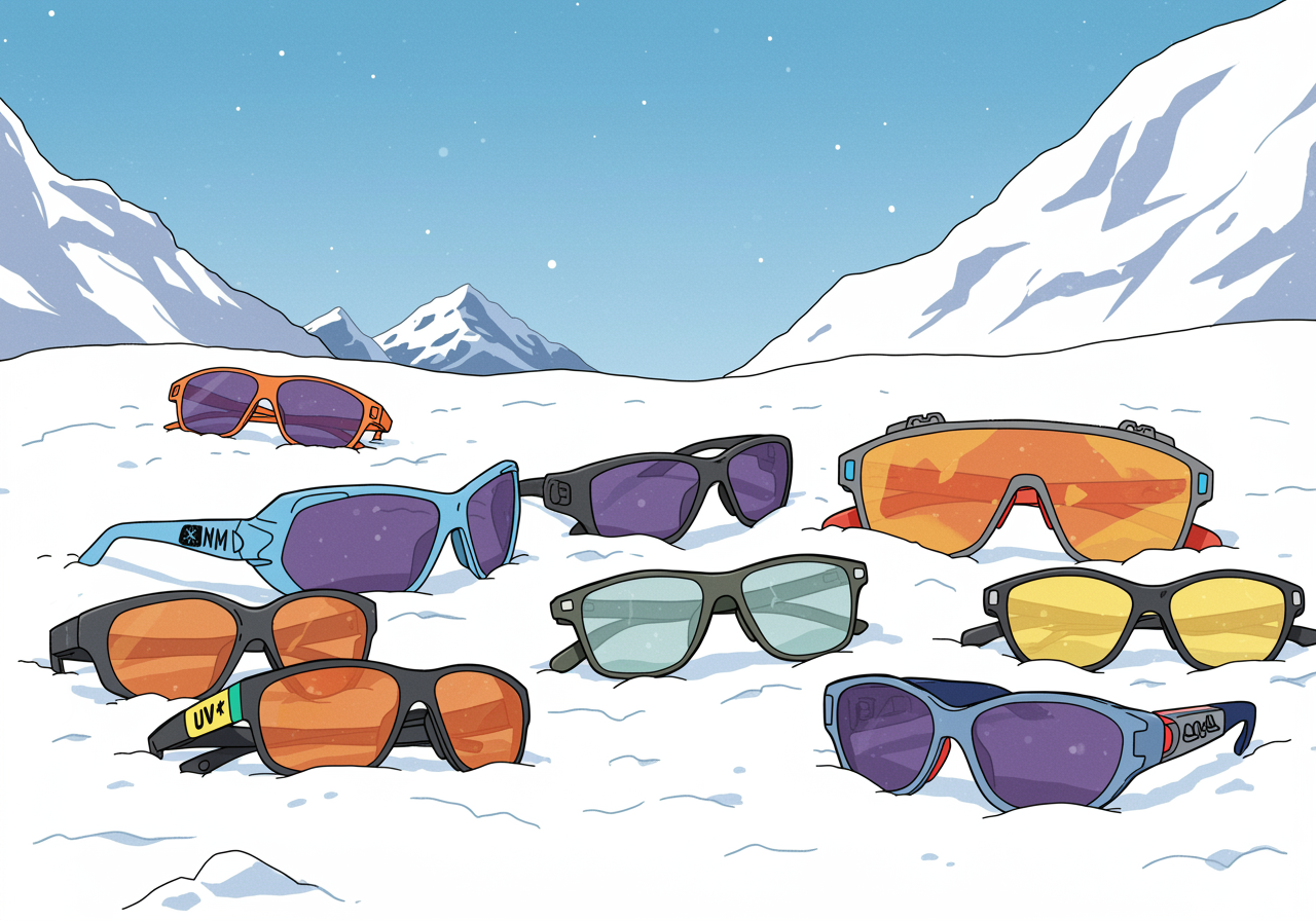 Mountain climber wearing protective glacier glasses while ascending a snowy peak