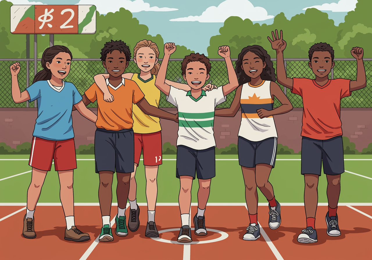 Diverse group of young athletes from different cultures celebrating together on a sports field