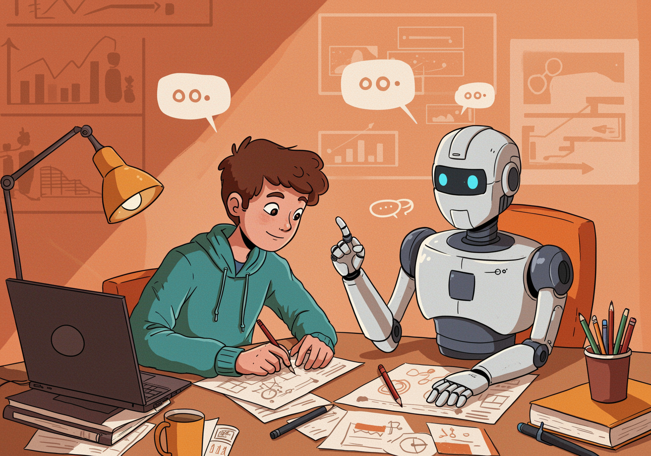 Illustration showing a teenager and a robot working together on a creative project, with the human providing ideas and emotional insight while the robot handles technical tasks