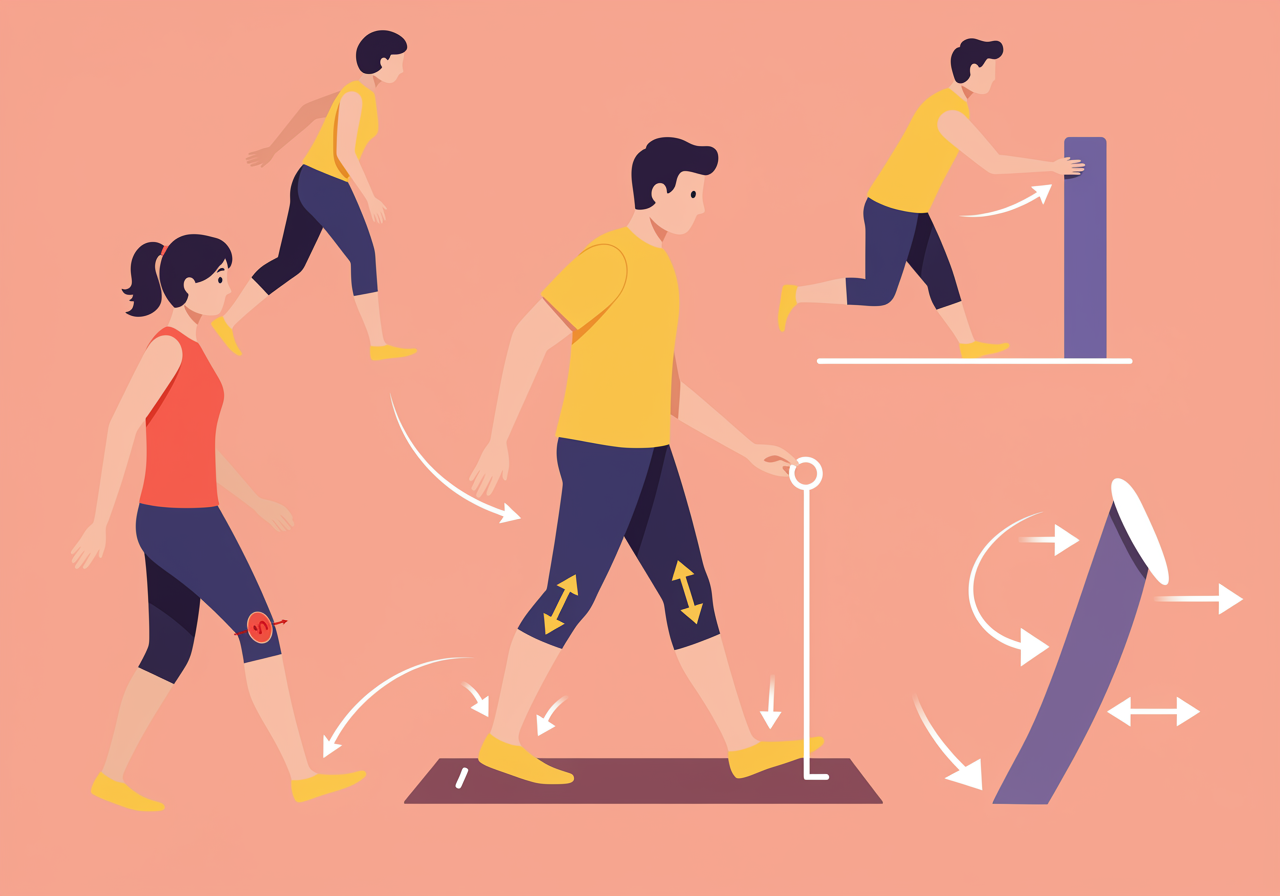 Illustration showing different walking postures and foot placement patterns with arrows indicating proper alignment