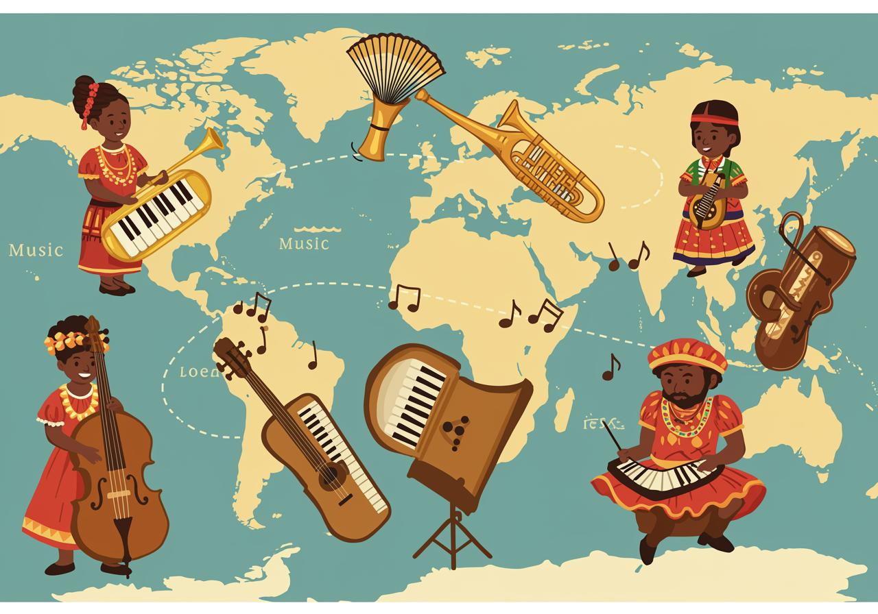 Diverse group of teenagers wearing headphones, smiling and dancing to music from around the world