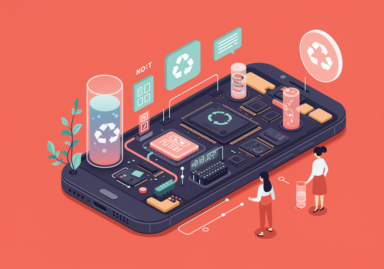 Colorful illustration showing the inside of a smartphone with glowing elements and recycling symbols