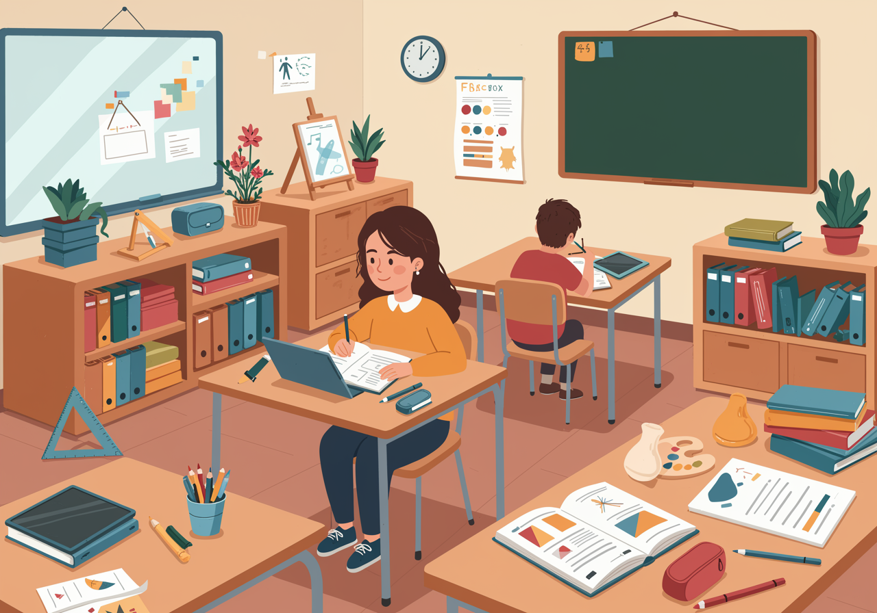 Diverse group of students using various learning tools including tablets, art supplies, and hands-on materials in a bright, modern classroom
