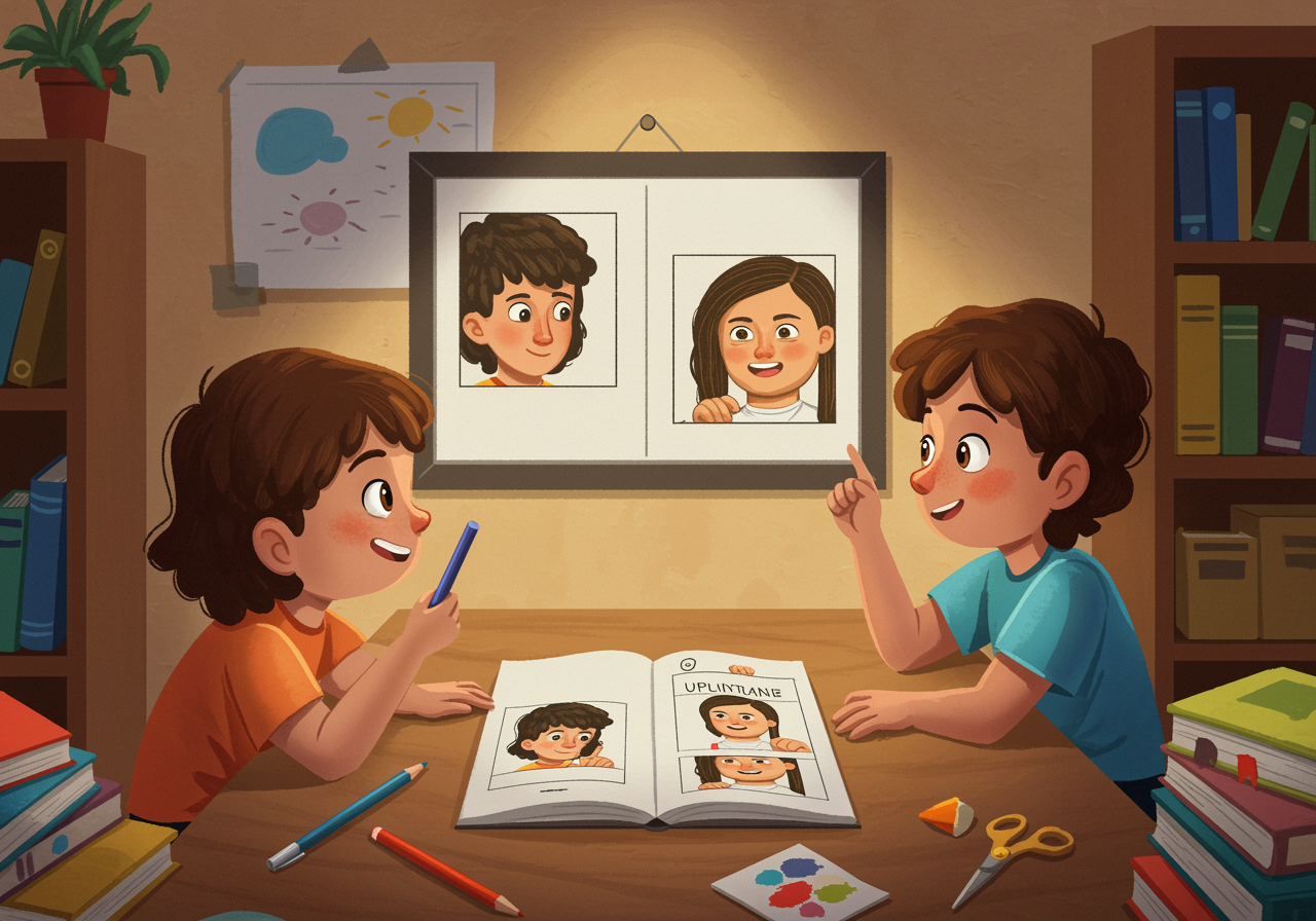 Two children looking at the same optical illusion but seeing different images, representing how people can view the same situation differently