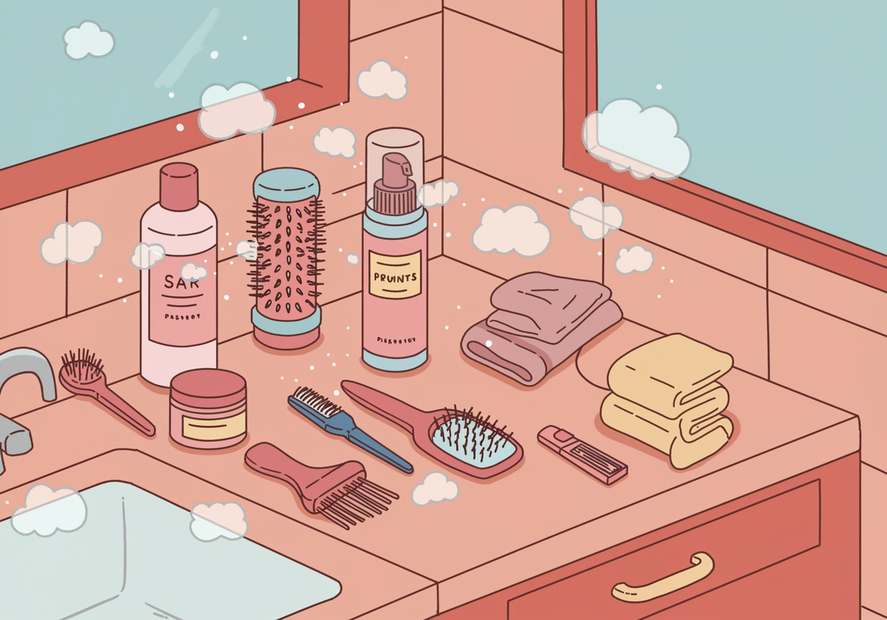 Colorful illustration showing various morning routine activities with small particle clouds representing different types of pollution