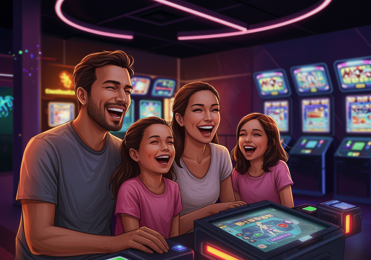 Family of four laughing together while playing an interactive game at an entertainment center, with colorful lights and screens in the background