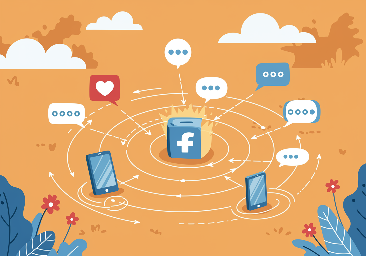 Illustration showing social media icons and speech bubbles spreading outward like ripples, representing how rumors spread online