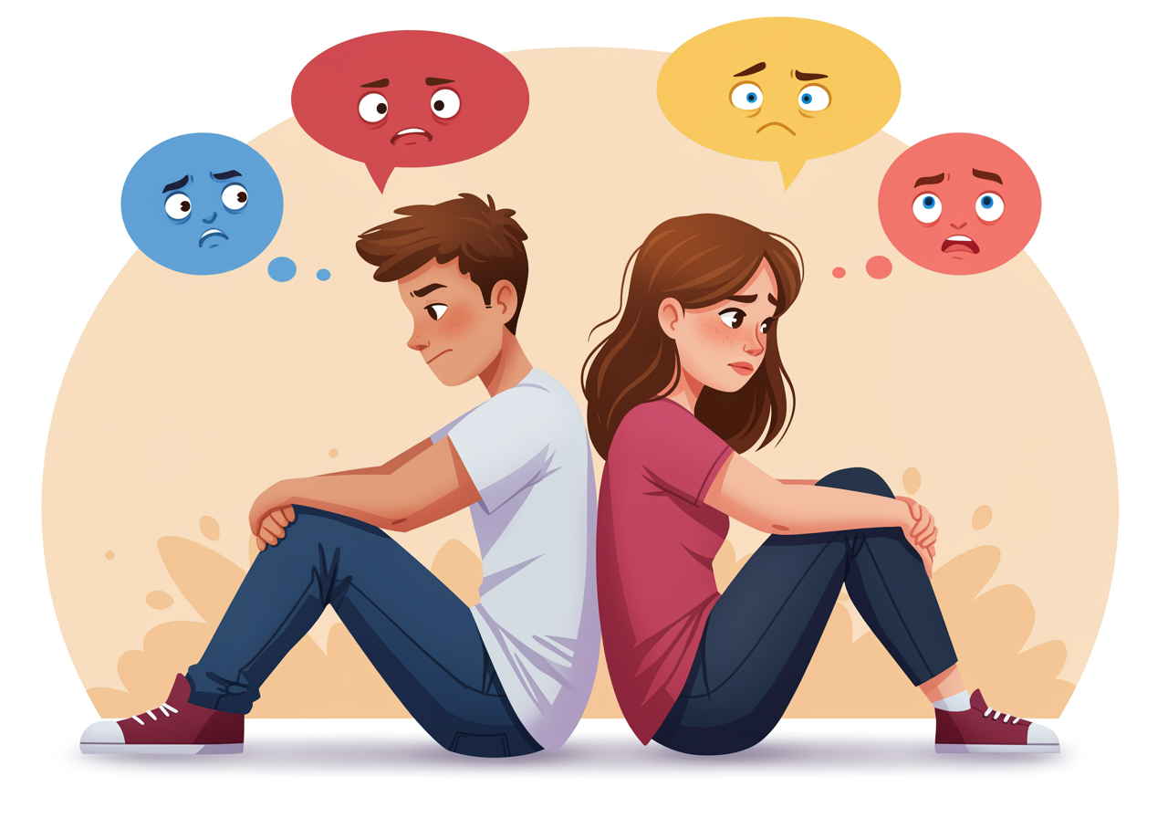 Two teenagers sitting back-to-back looking frustrated, with thought bubbles showing their different perspectives