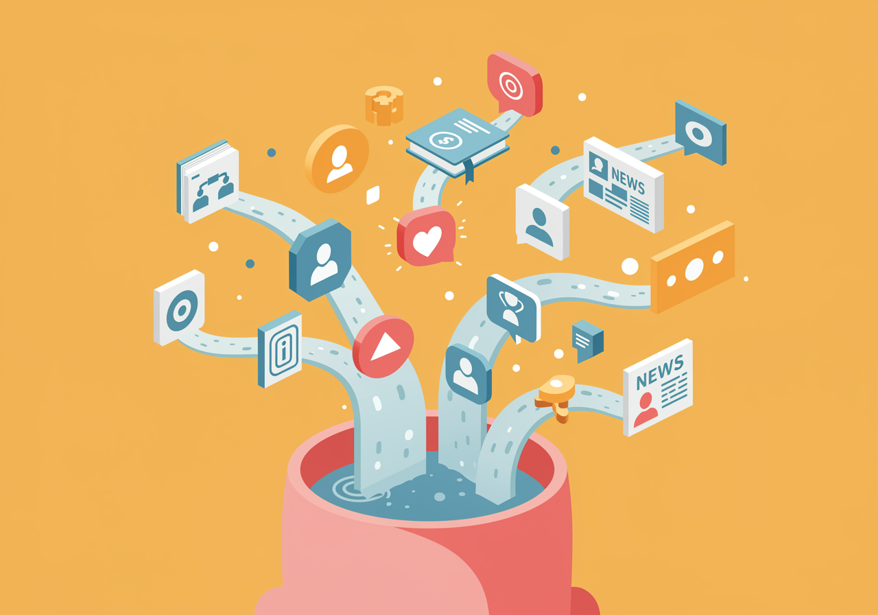 Colorful illustration showing different information streams flowing into a person's mind, representing how various sources shape our understanding