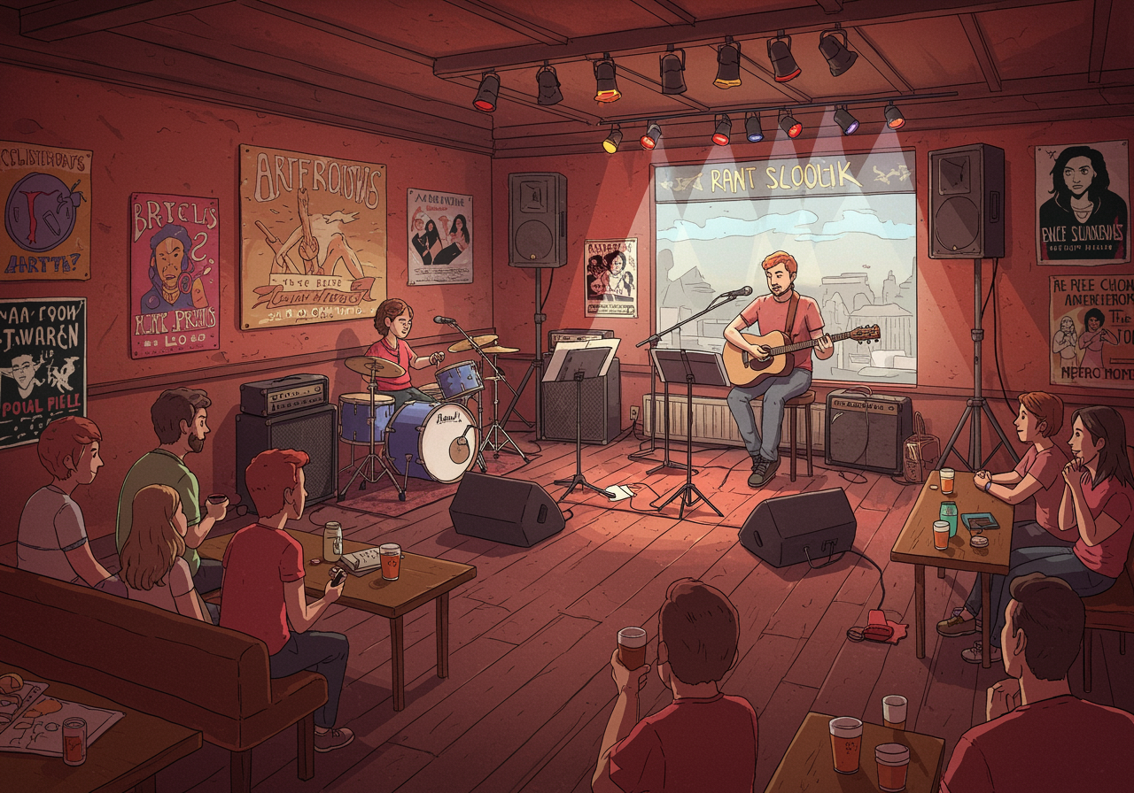 Vibrant illustration of a city street filled with neon music venue signs, street musicians, and crowds of people enjoying live music