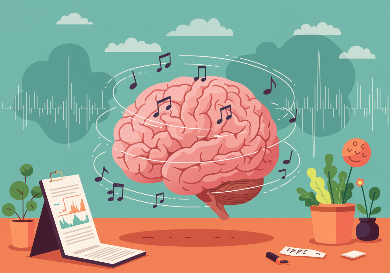 Colorful illustration of a brain with musical notes and breathing waves flowing around it