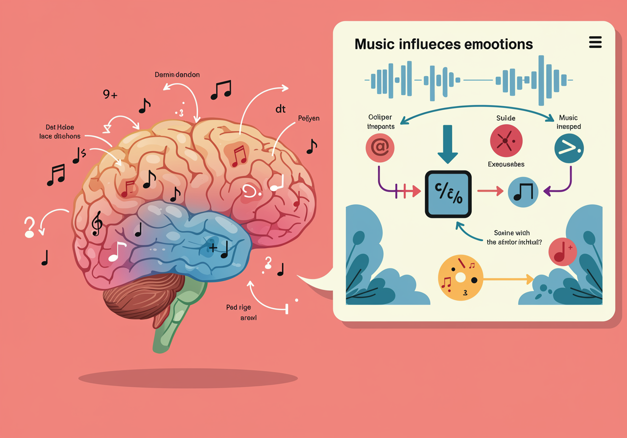 Colorful brain illustration with musical notes flowing through different regions, showing how music activates multiple areas of the brain simultaneously
