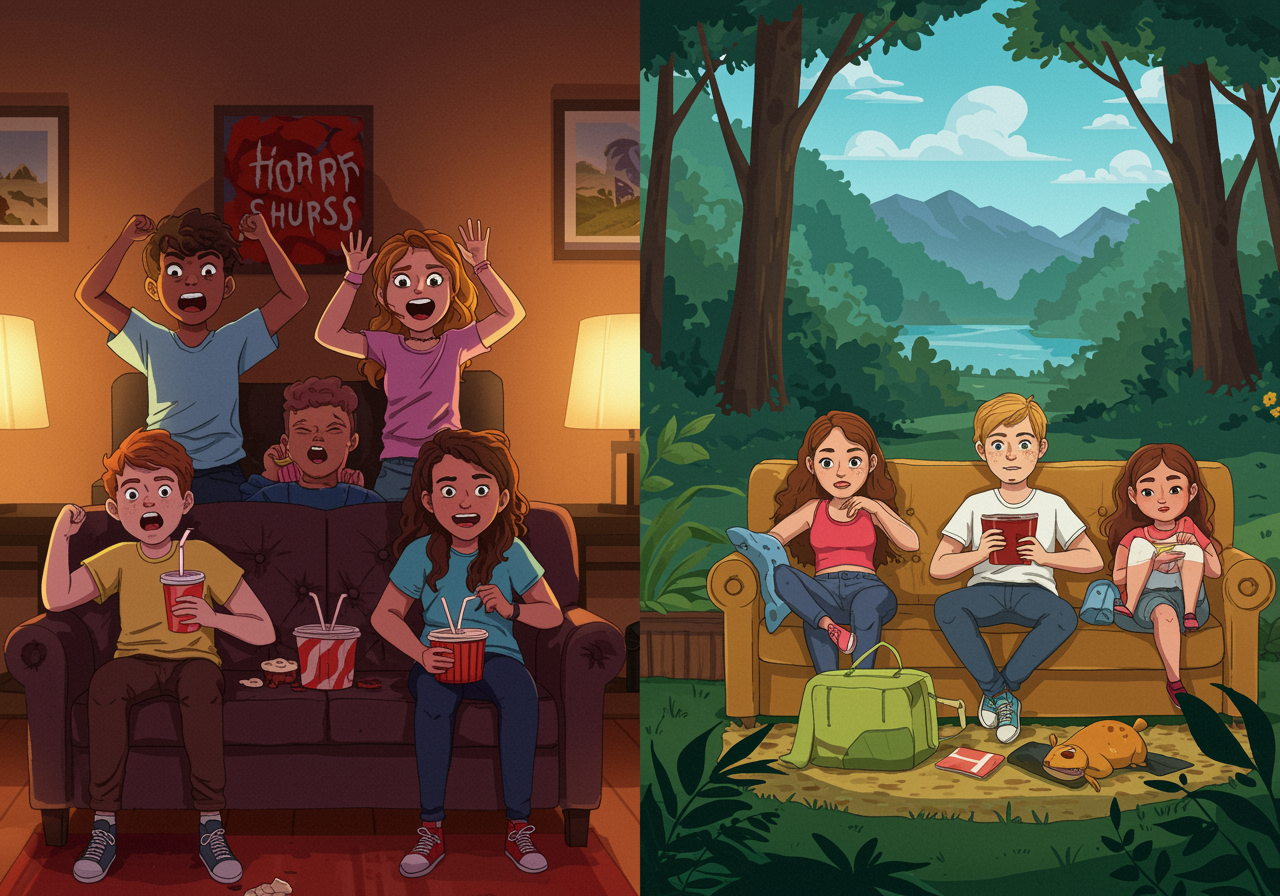 Split image showing excited teens watching a horror movie on one side and others enjoying a calm nature documentary on the other