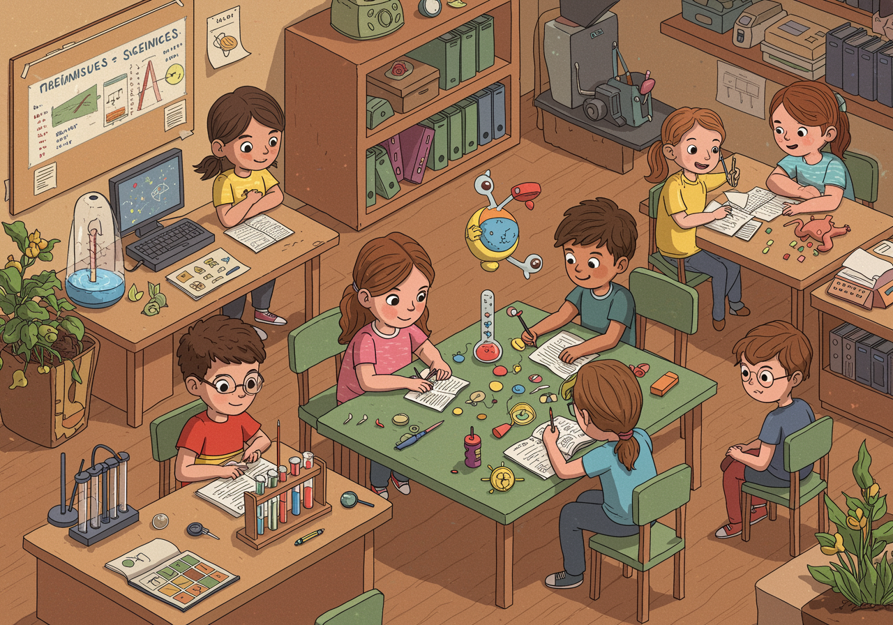 Diverse group of kids of different ages working together on a project in a bright, informal learning space