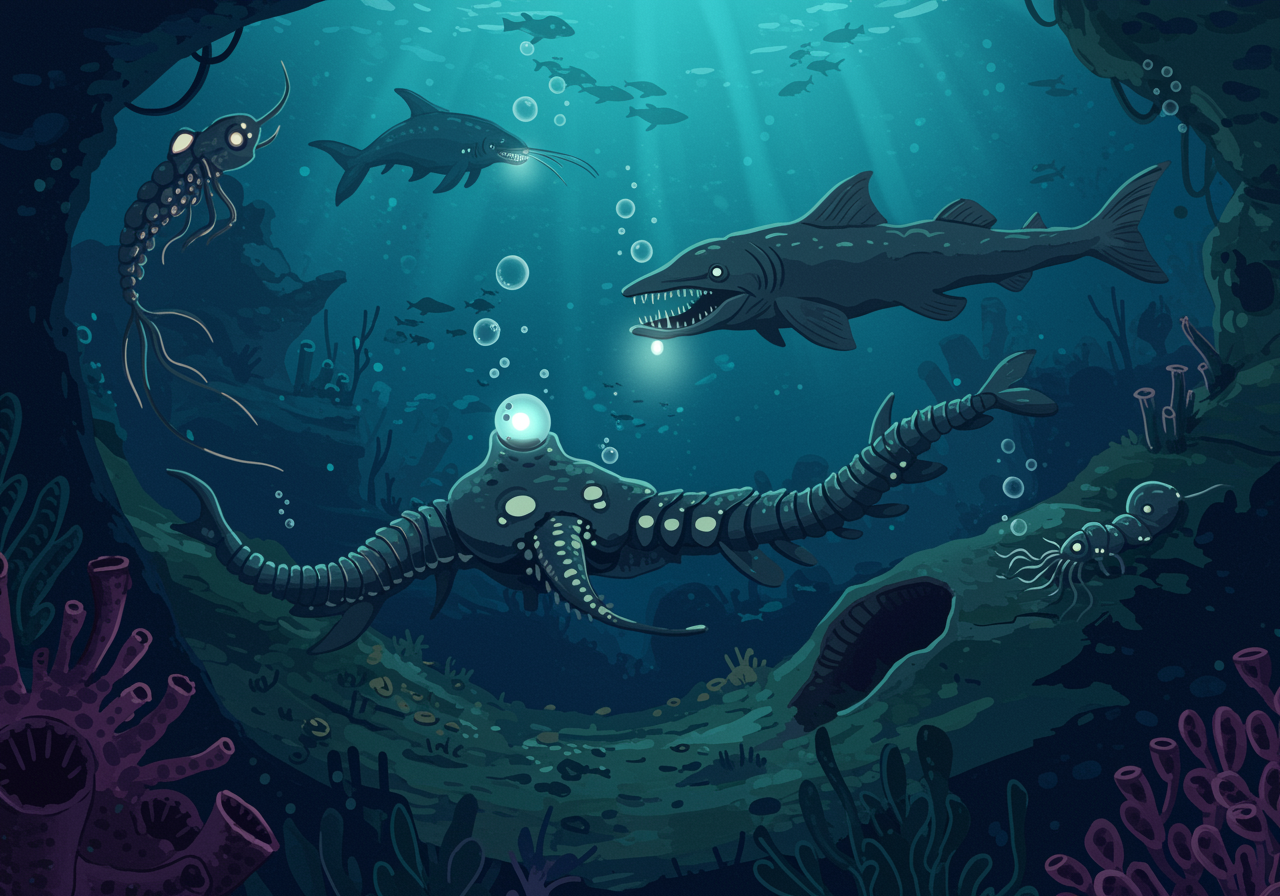 Bioluminescent deep-sea creatures glowing in the dark ocean depths