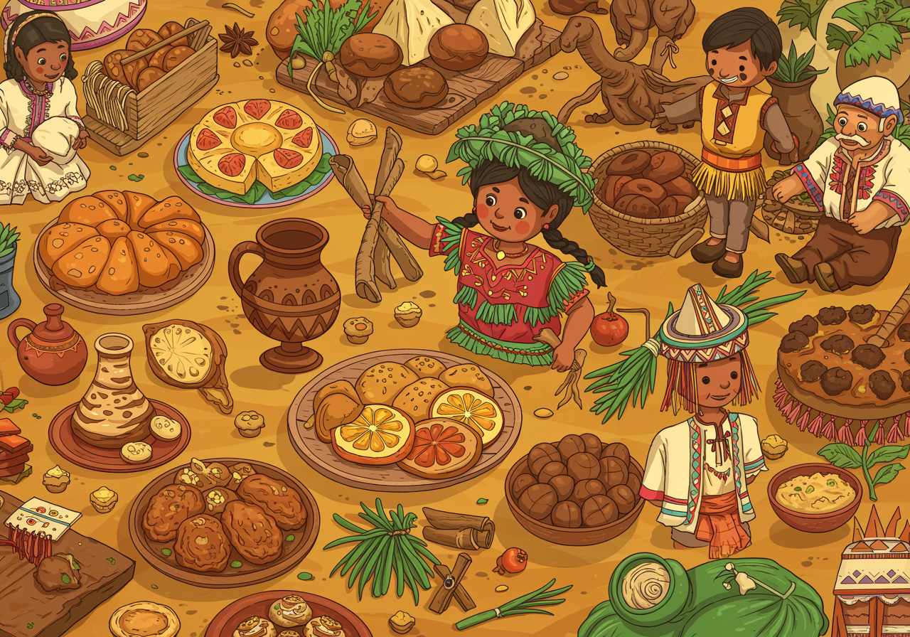 Colorful illustration showing various cultural celebrations including lantern festivals, traditional dances, and family gatherings from around the world