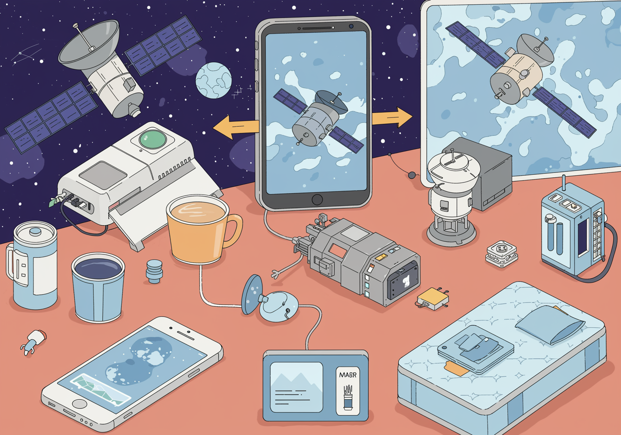 Collage showing everyday items like smartphones, memory foam, and water bottles connected to images of satellites and space technology