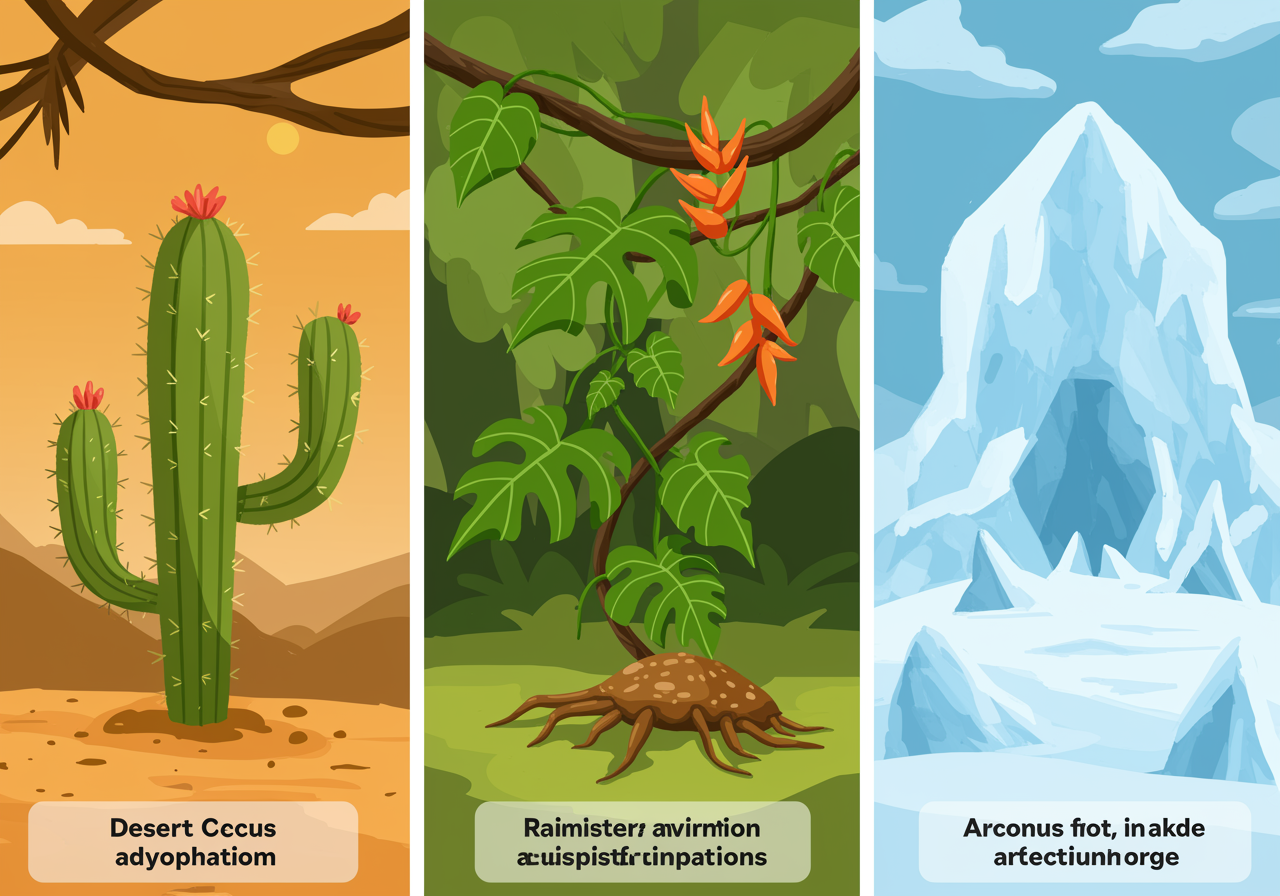 A collage showing a desert cactus, rainforest vine, and arctic plant side by side, highlighting their different adaptations