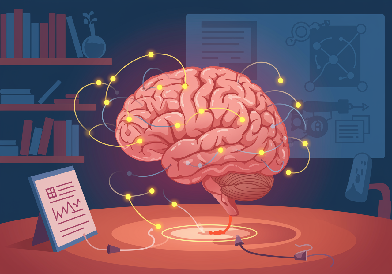 Colorful illustration showing neural pathways lighting up in a brain, representing new connections forming during learning