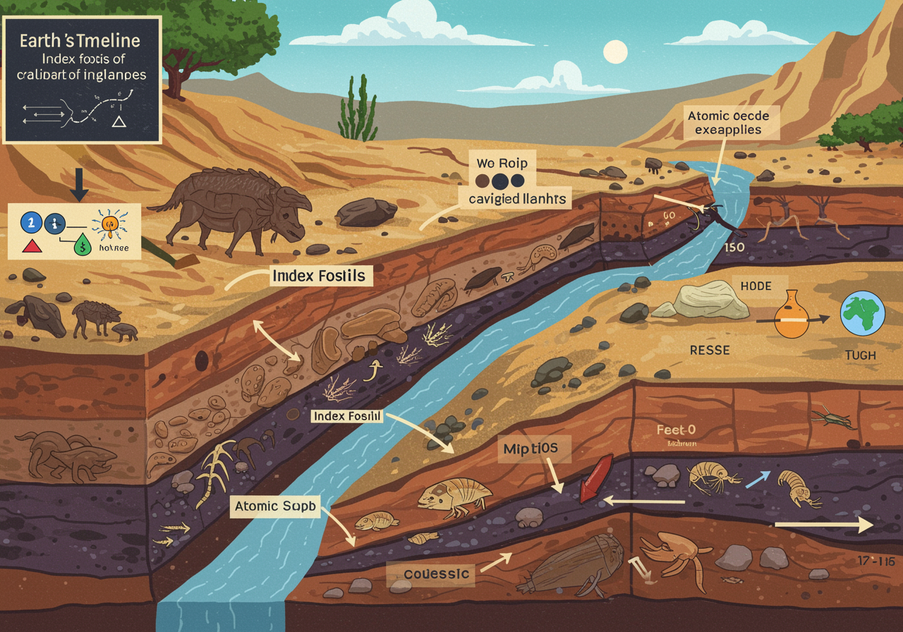 Illustration showing rock layers with different fossils embedded at various depths, representing Earth's timeline