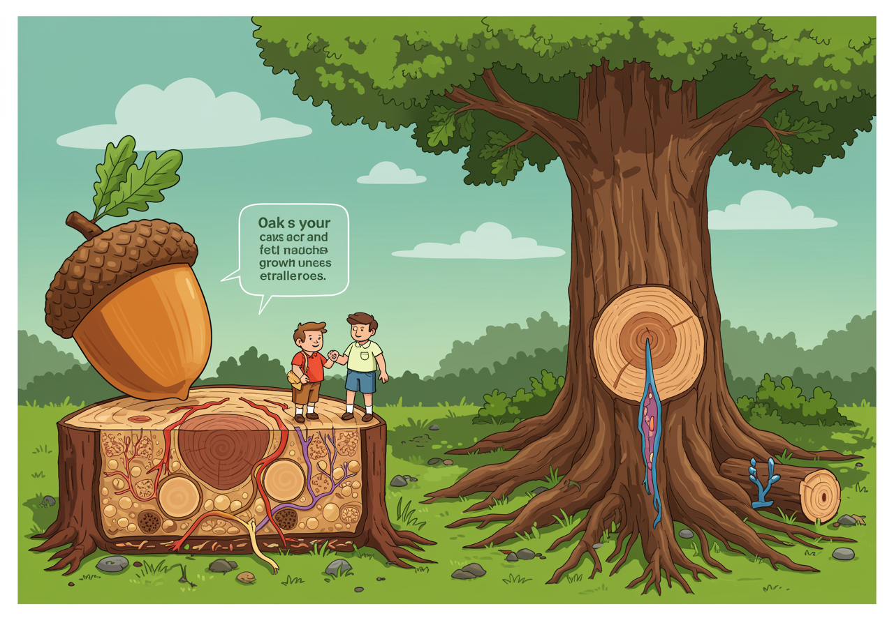 A cross-section comparison showing an acorn next to the massive trunk of a mature oak tree