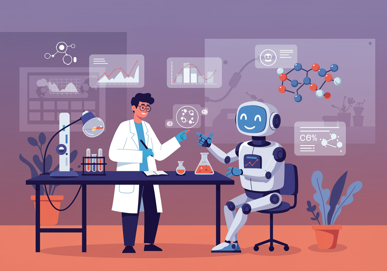 Illustration of a human scientist and AI robot working together at a laboratory bench with data visualizations floating around them