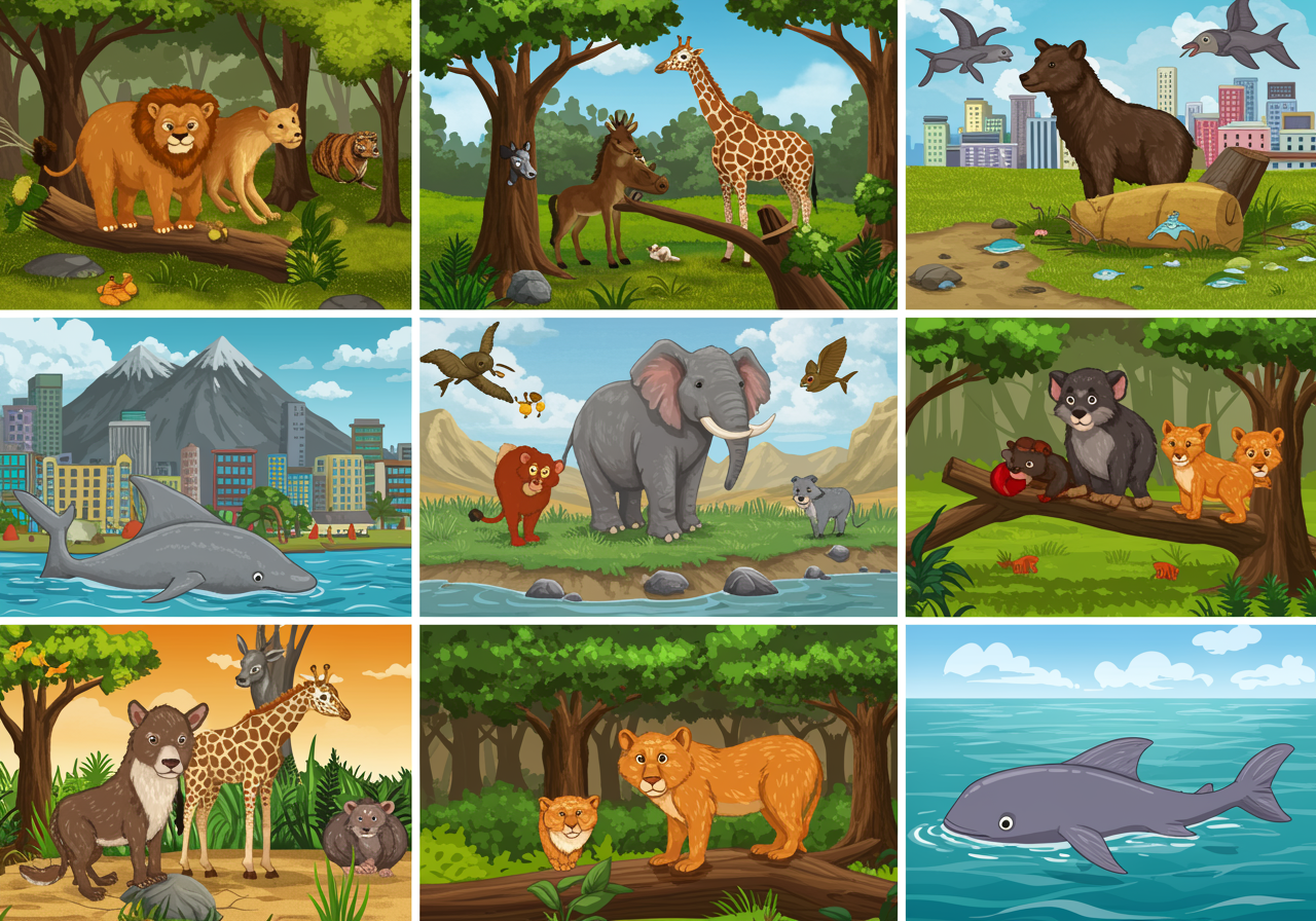 A collage showing various animals in different environments, illustrating adaptation concepts