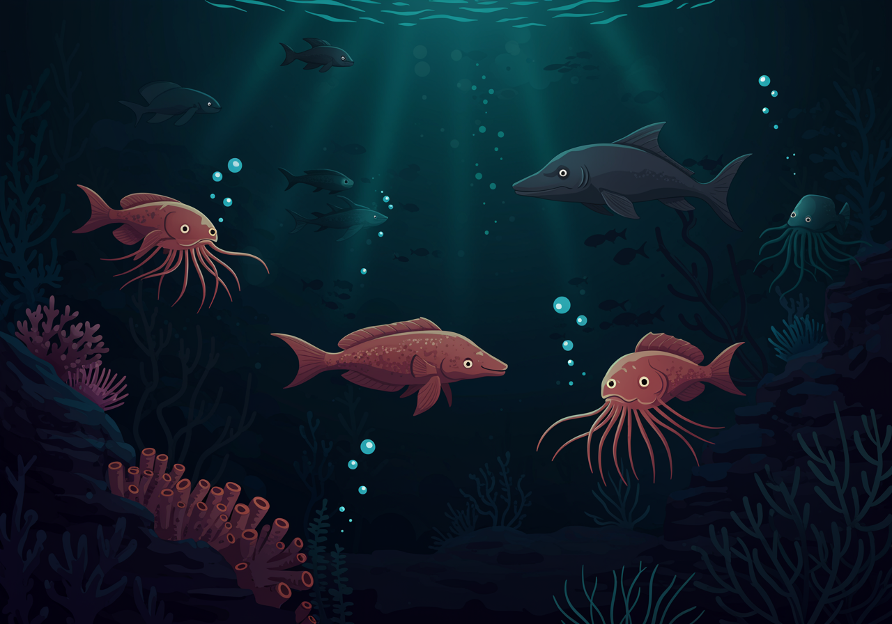 Colorful deep-sea creatures swimming in the dark ocean depths with bioluminescent features glowing