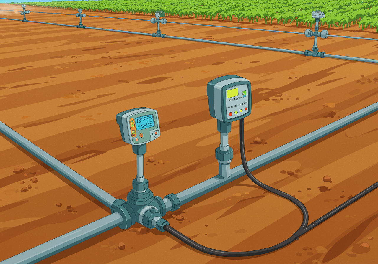 Futuristic water filtration system with solar panels and collection tanks in a desert setting