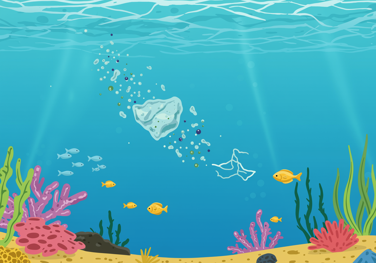 Colorful illustration showing microplastic particles floating in blue ocean water with small fish swimming nearby