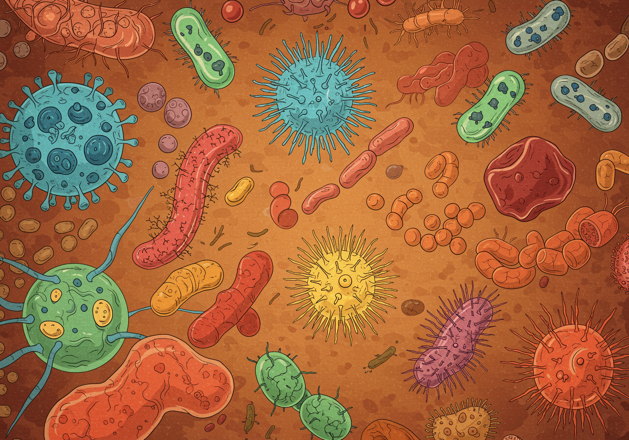 Colorful illustration showing various types of microbes including bacteria, viruses, and fungi under a microscope view