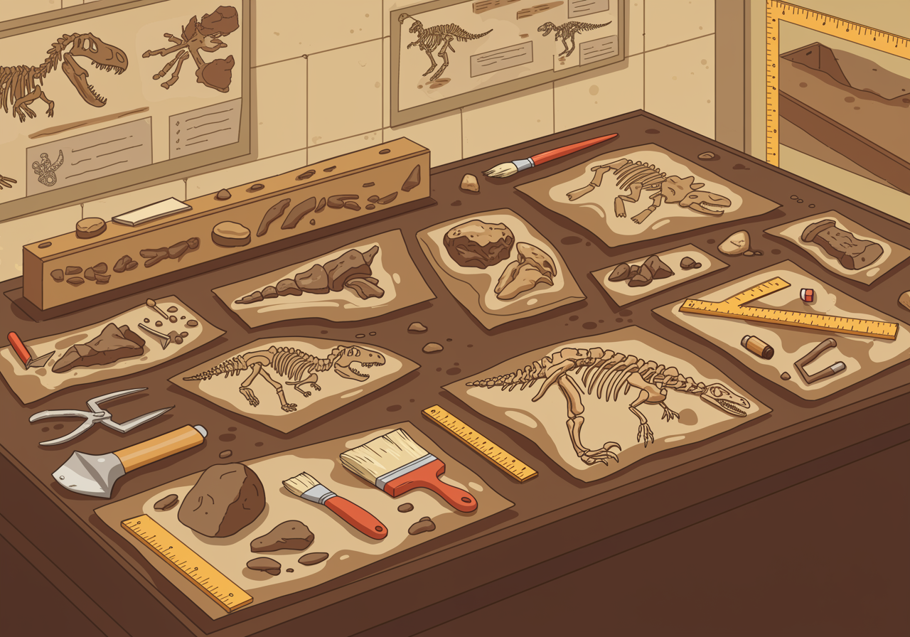 Paleontologist carefully excavating dinosaur fossils with brushes and tools at an archaeological dig site