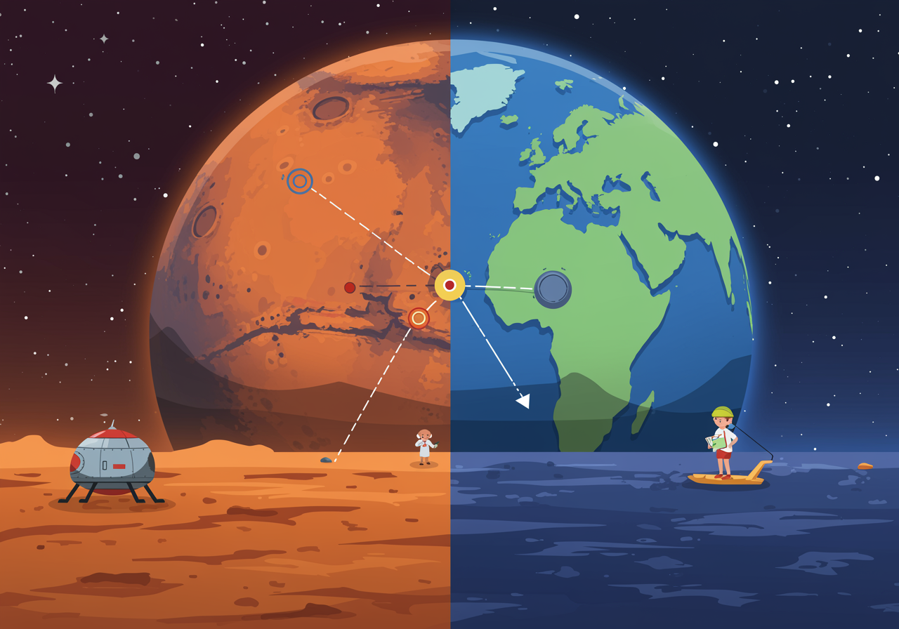 Split image showing Mars' barren landscape next to Earth's blue oceans and green continents