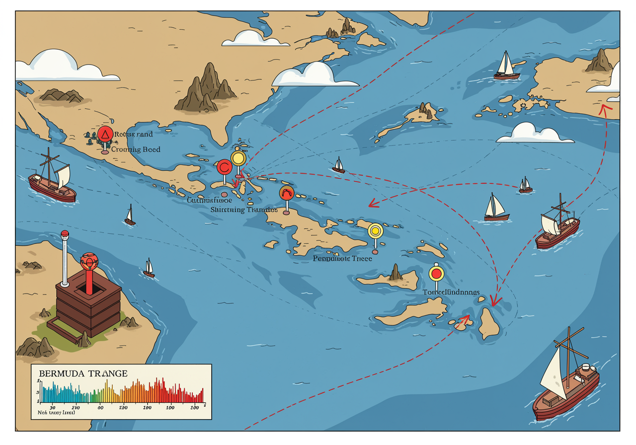 A map showing the Bermuda Triangle area with shipping lanes and weather patterns illustrated scientifically